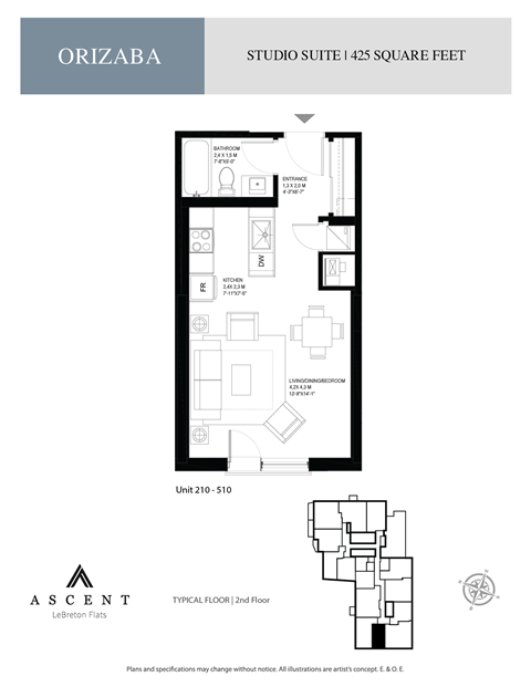 Floor plan for studio, 1 bath, 425 sqft